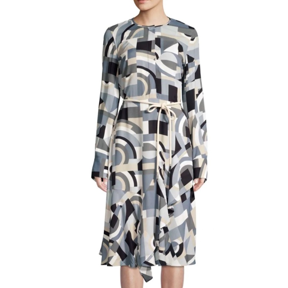Lafayette 148 New York Gray Abstract Long Sleeve Dress Sz 12